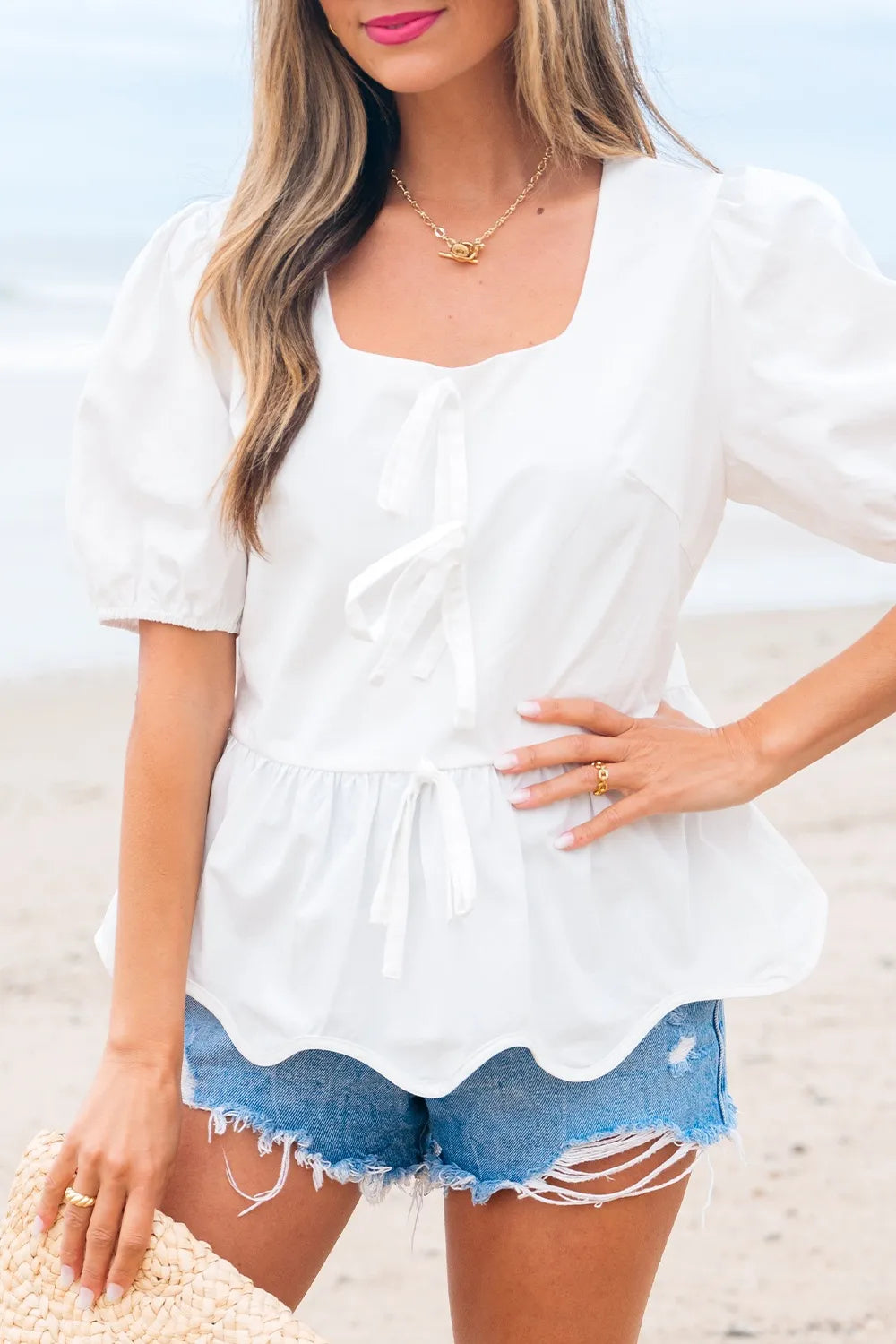 Bow Knot Decor Square Neck Puff Sleeve Peplum Top OutfitFlow