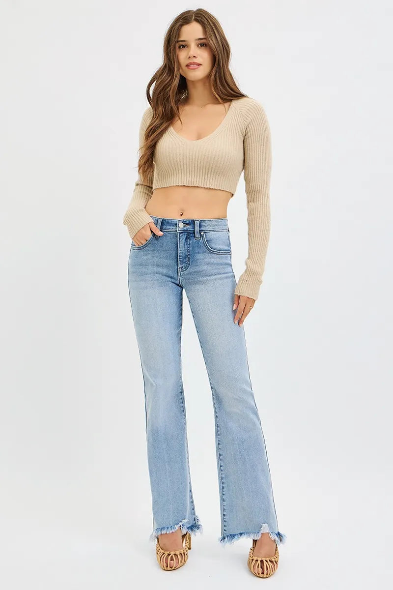 RISEN Full Size Tummy Control Mid Rise Flare Jeans with Fray Hem Detailed Plus Size Trendsi