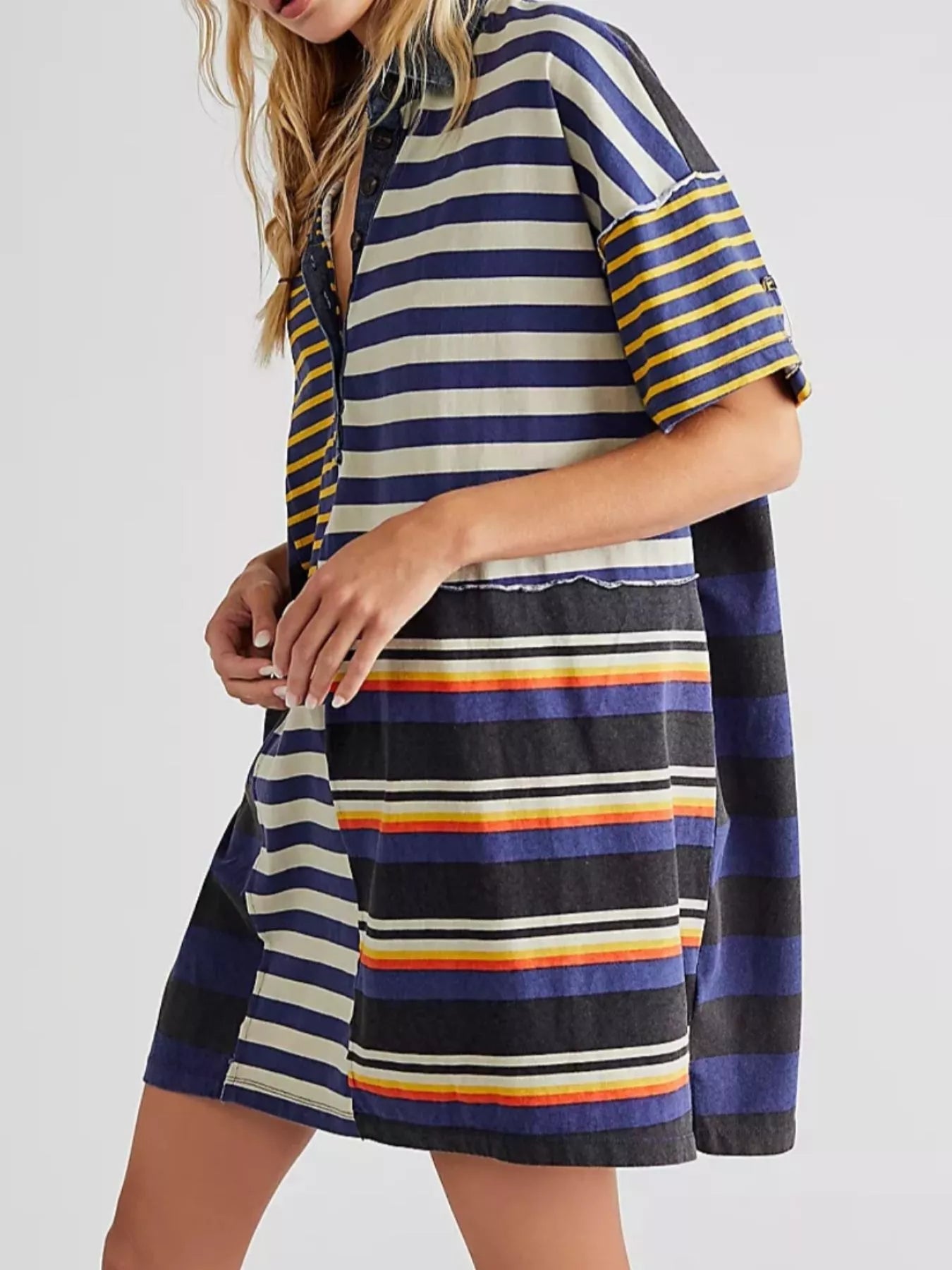 Striped Oversized Half Button Shirt Dress Blue And Yellow Stripes OutfitFlow