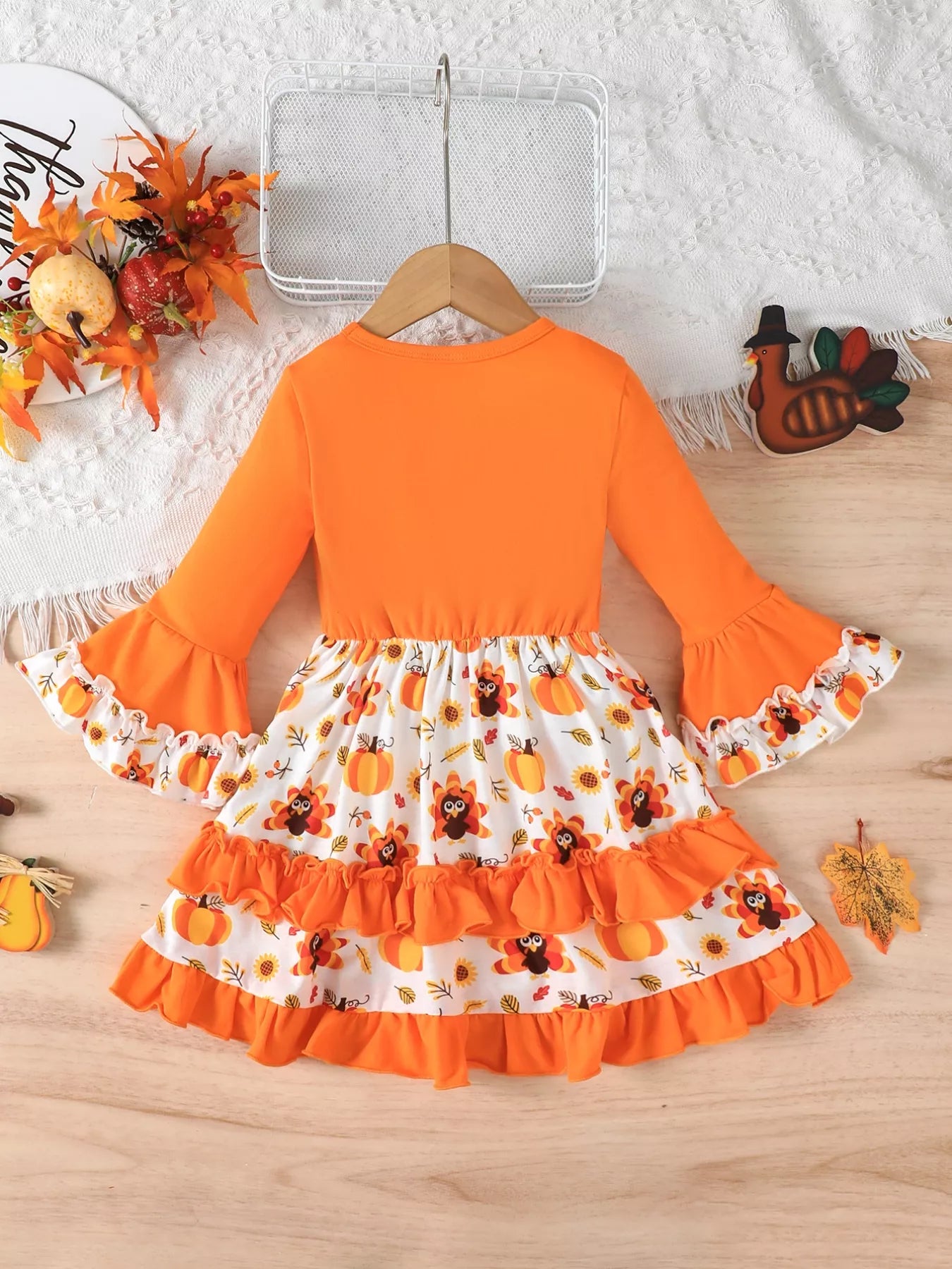 Children's Thanksgiving Turkey Ruffle Sleeve Dress OutfitFlow