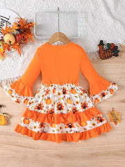 Children's Thanksgiving Turkey Ruffle Sleeve Dress OutfitFlow