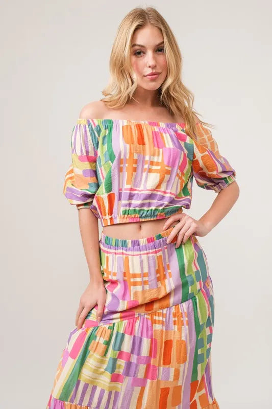 And The Why Puff Sleeve Elastic Edges Geo Printed Crop Top MULTI OutfitFlow