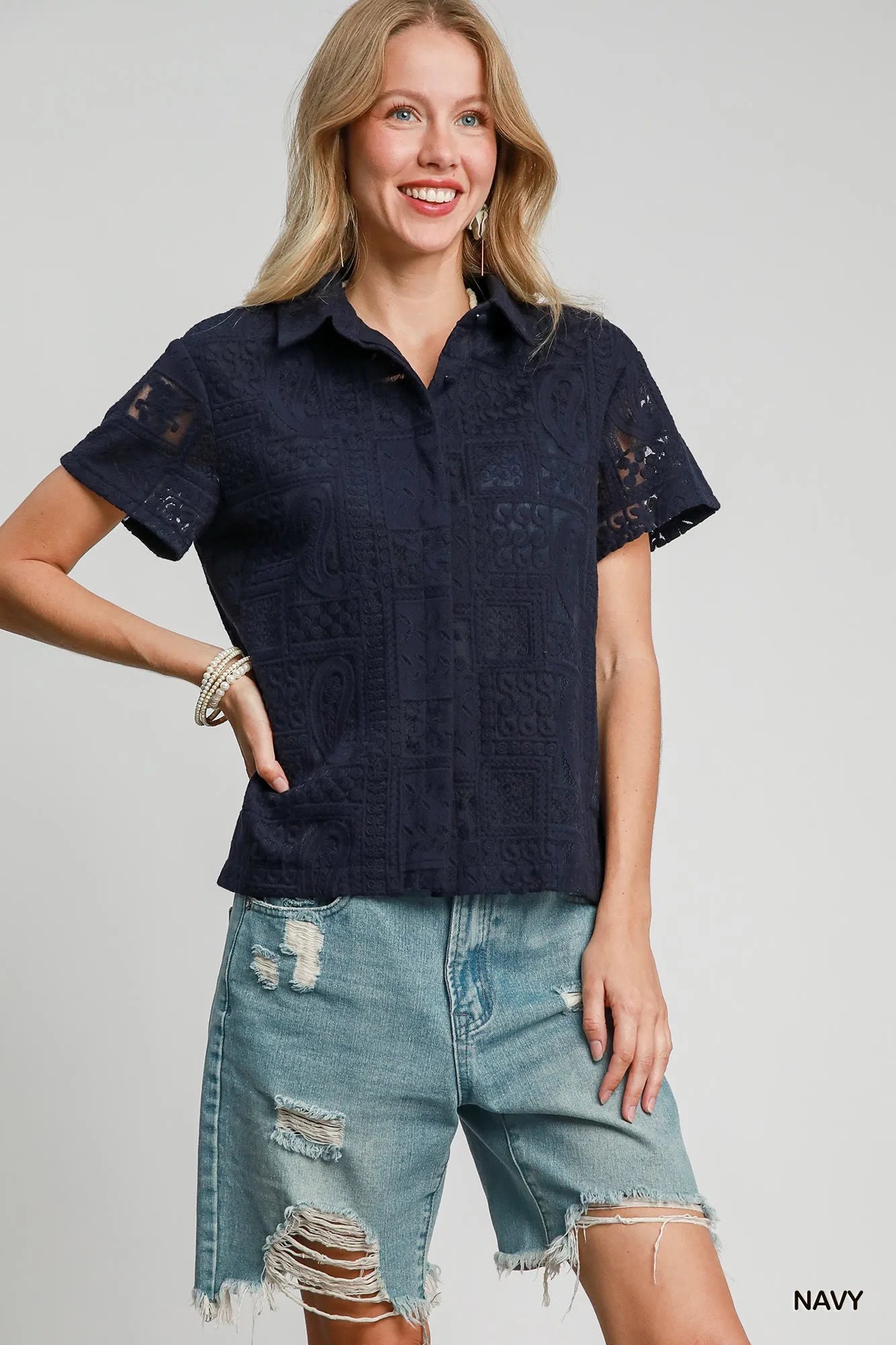 Umgee Patch Lace Short Sleeve Button Down Shirt Trendsi
