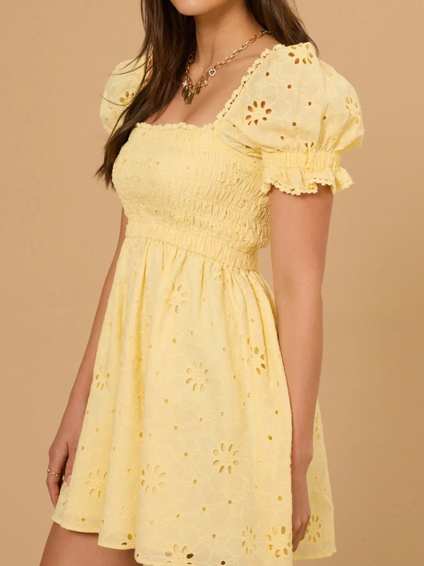 Eyelet Puff Sleeve Smocked Mini Dress OutfitFlow