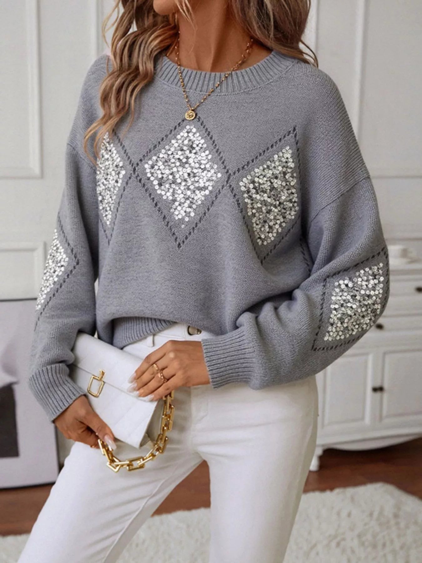 Sparkling Diamond Pattern Sweater Gray OutfitFlow