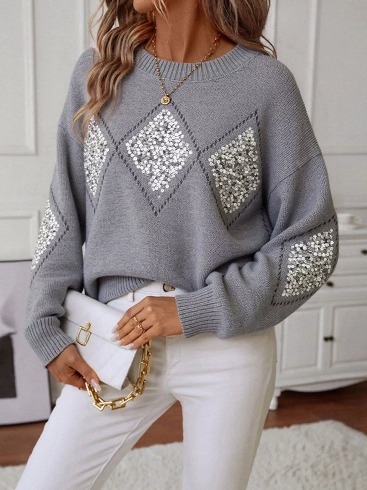 Sparkling Diamond Pattern Sweater Gray OutfitFlow