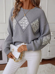 Sparkling Diamond Pattern Sweater Gray OutfitFlow