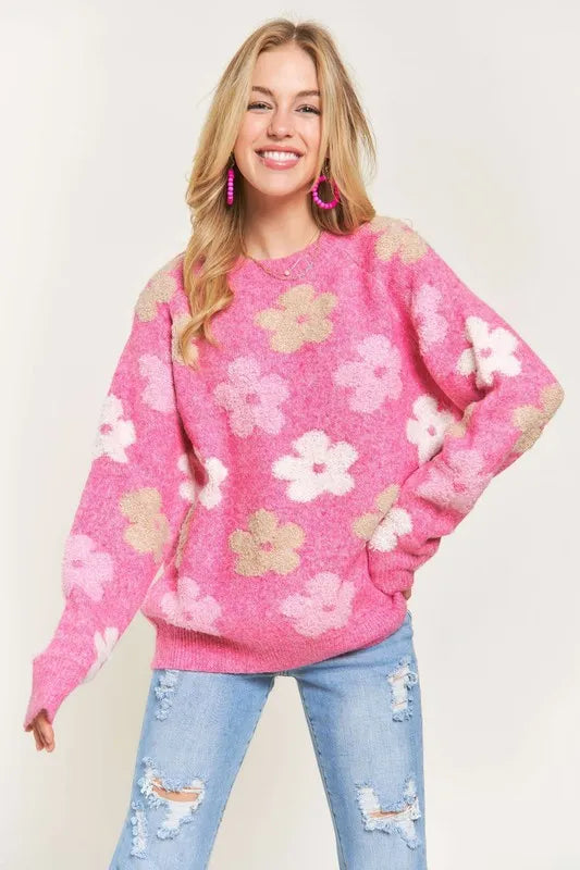 ADORA Full Size Floral Popped 2-Tone Sweater Top Plus Size OutfitFlow