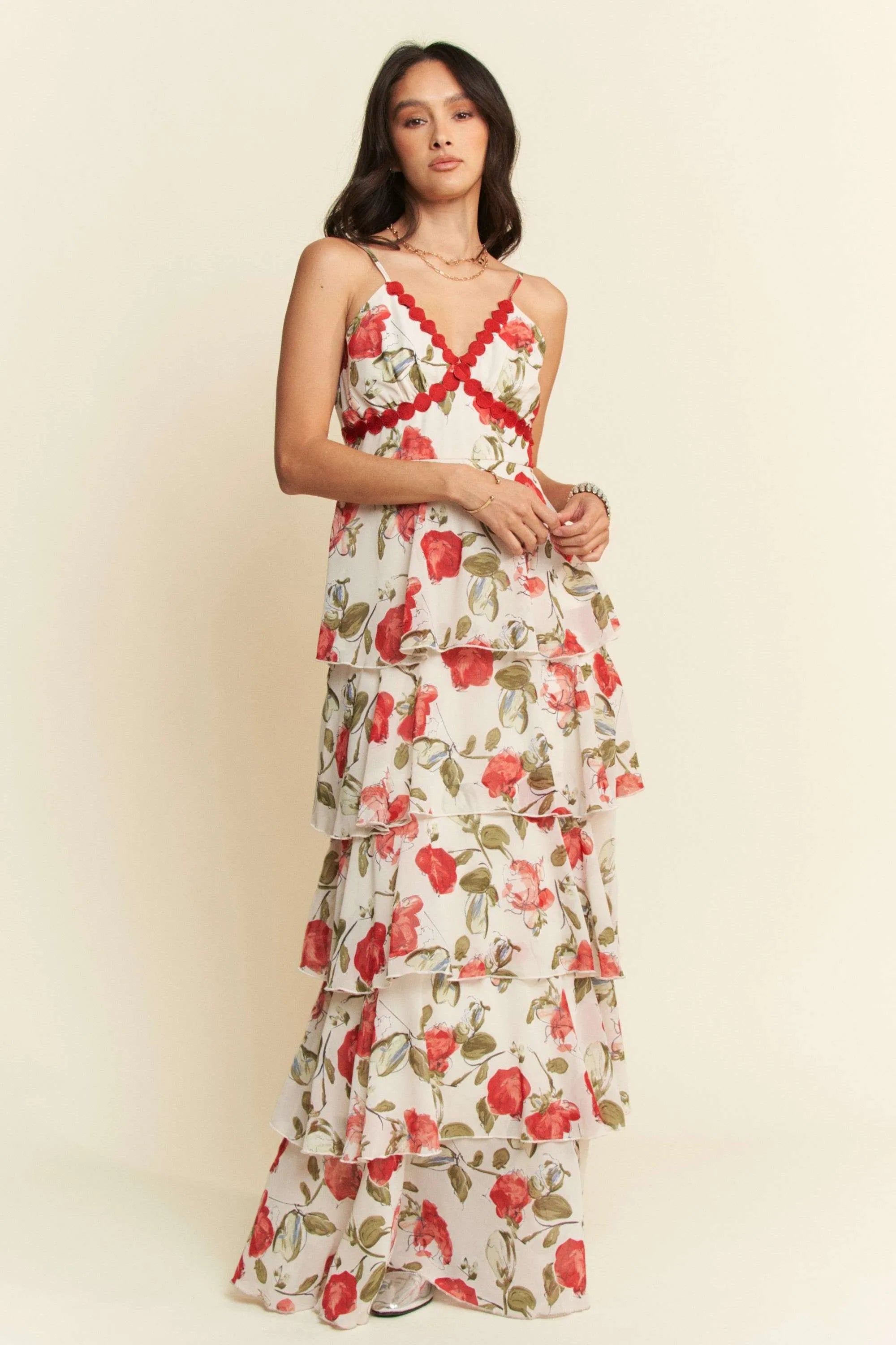 Davi & Dani Contrast Ring Lace Layered Ruffle Maxi Cami Dress OutfitFlow