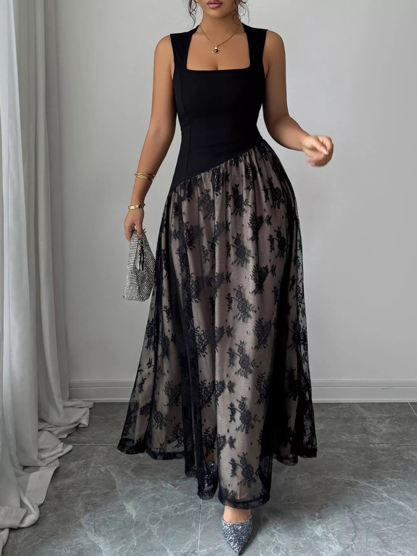 Square Neck Sleeveless Lace Maxi Dress Trendsi