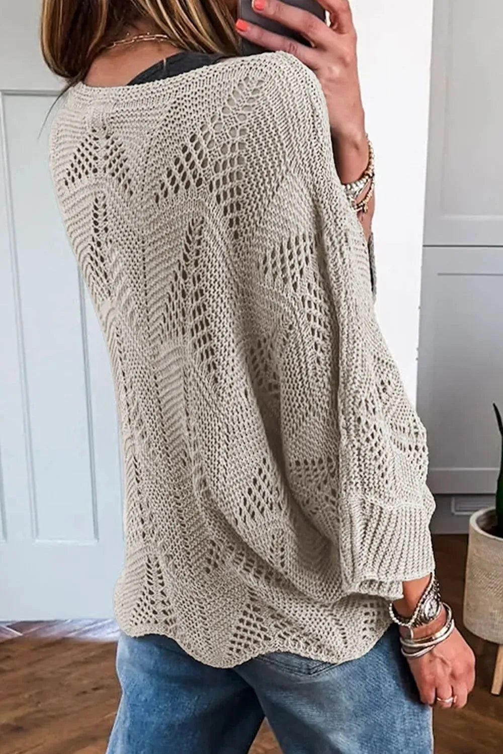 Openwork Round Neck Knit Top OutfitFlow