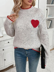 Outfit Flow - Perfee Contrast Heart Round Neck Long Sleeve Sweater