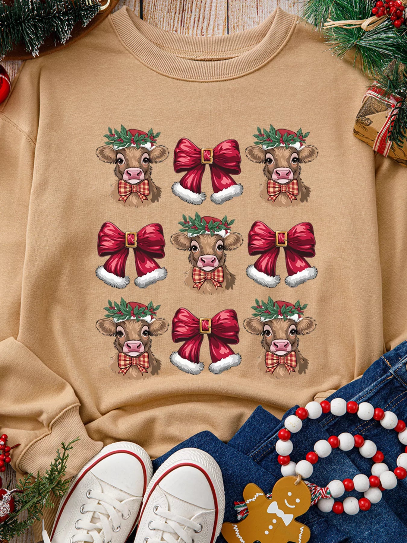 Christmas Heifer Bow Knot Print Casual Sweatshirt OutfitFlow
