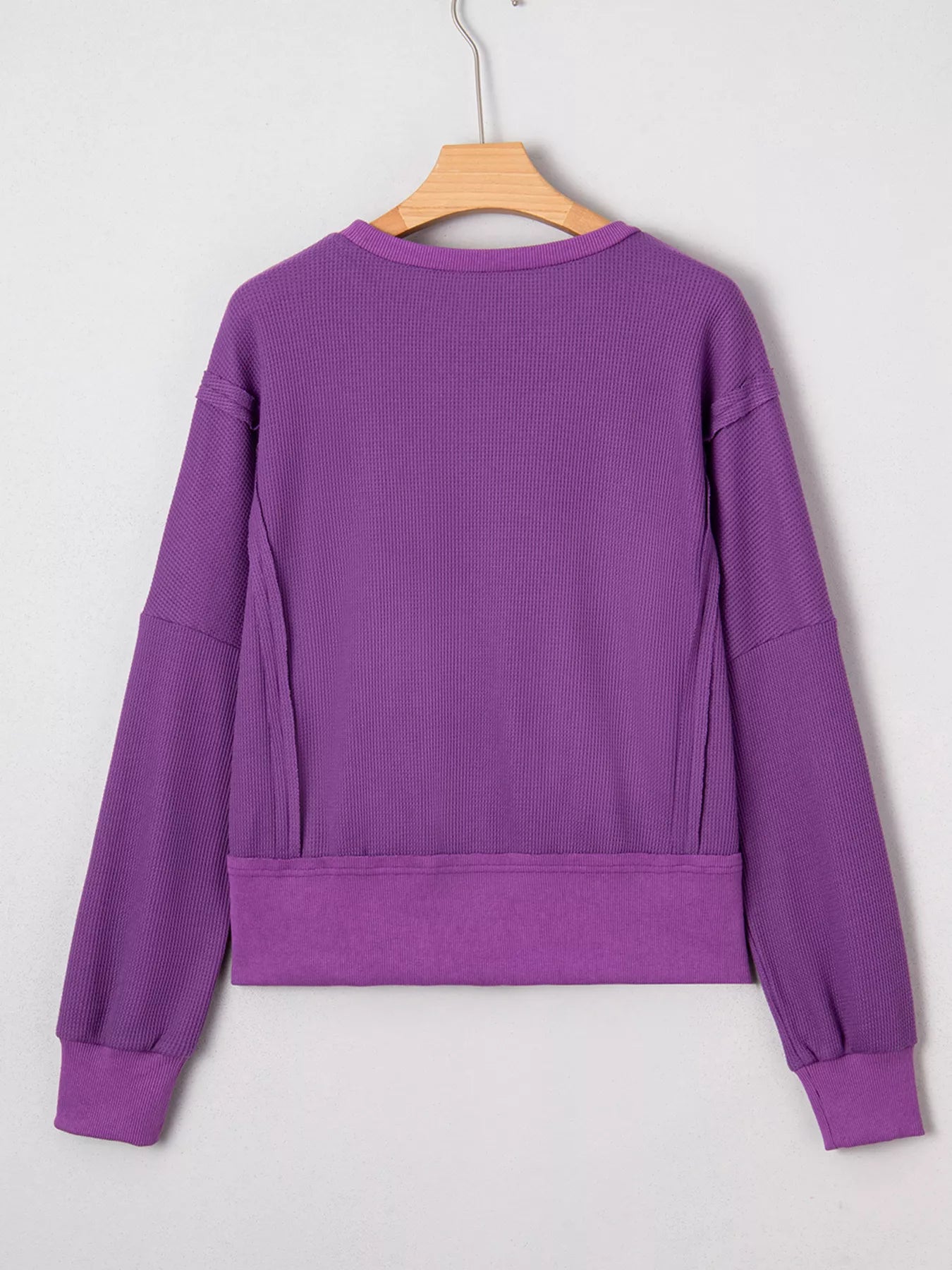 Solid Color Raw Seam Patchwork Ribbed Drop Shoulder Sweatshirt OutfitFlow
