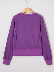 Solid Color Raw Seam Patchwork Ribbed Drop Shoulder Sweatshirt OutfitFlow