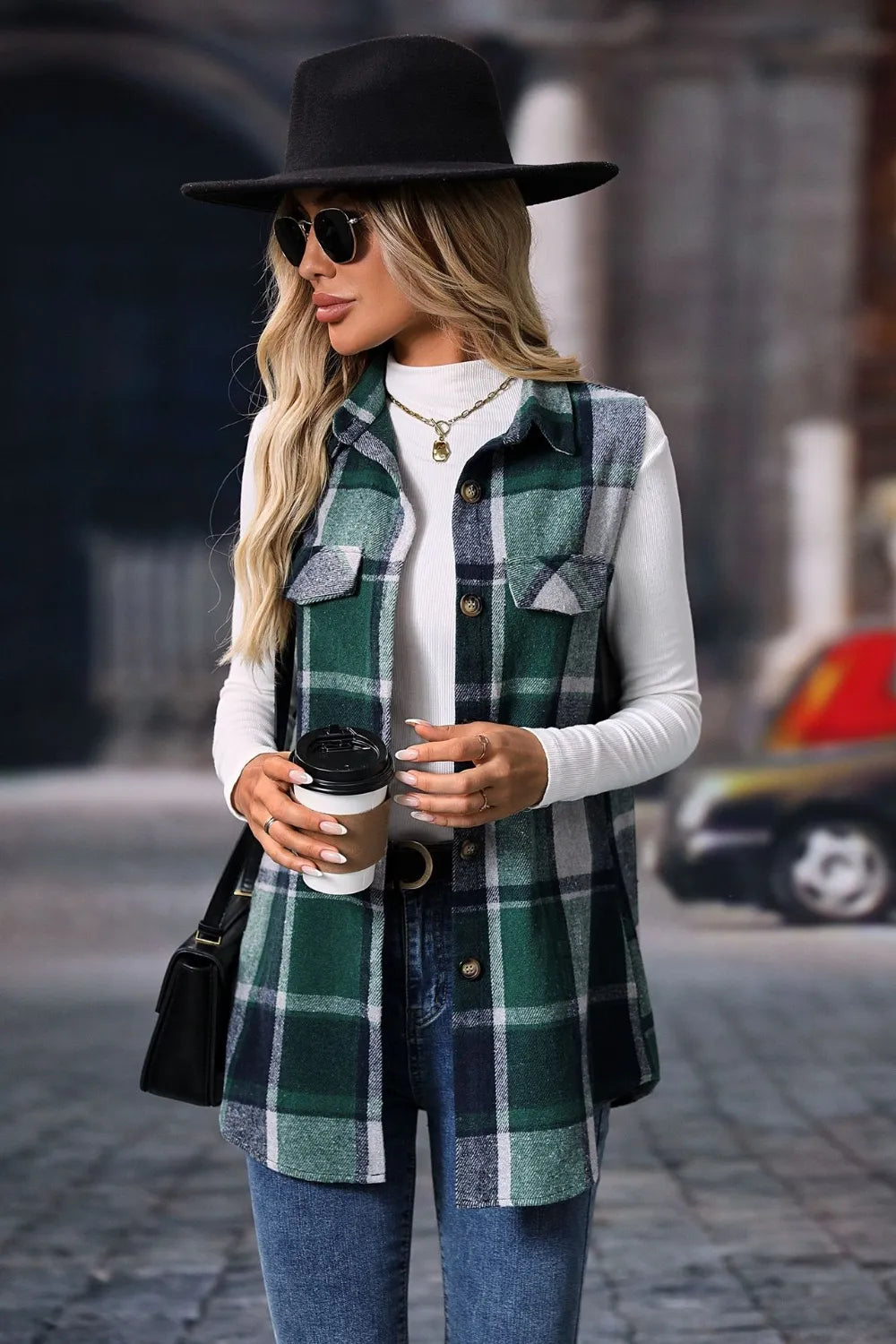 Plaid Button Up Vest Coat Trendsi