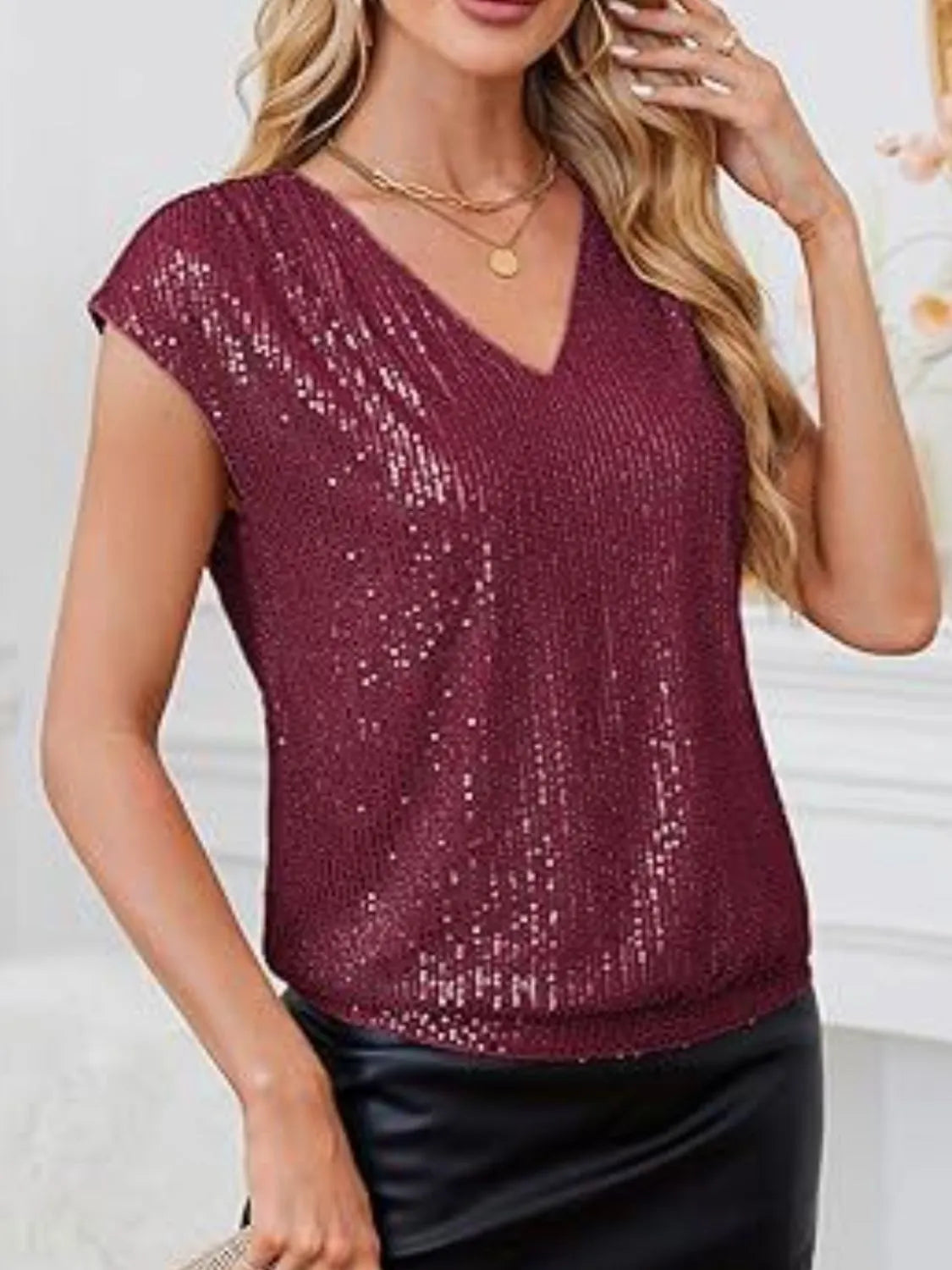 V-Neck Sequin Cap Sleeve Top OutfitFlow