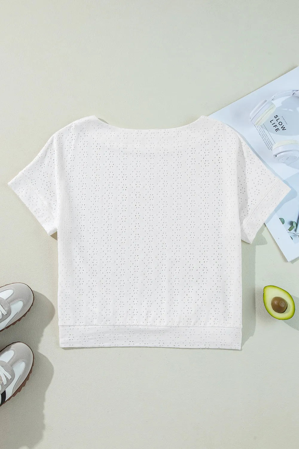 Eyelet Pattern Boat Neck Casual Tee OutfitFlow
