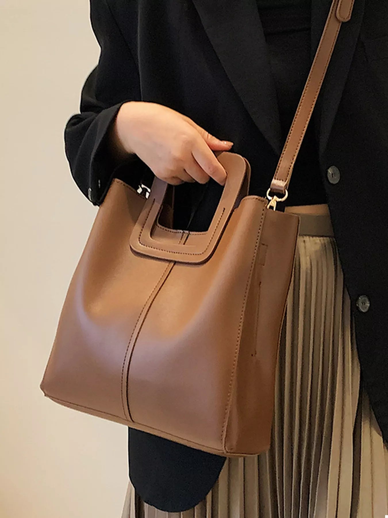 Square Handle PU Leather Crossbody Bag OutfitFlow