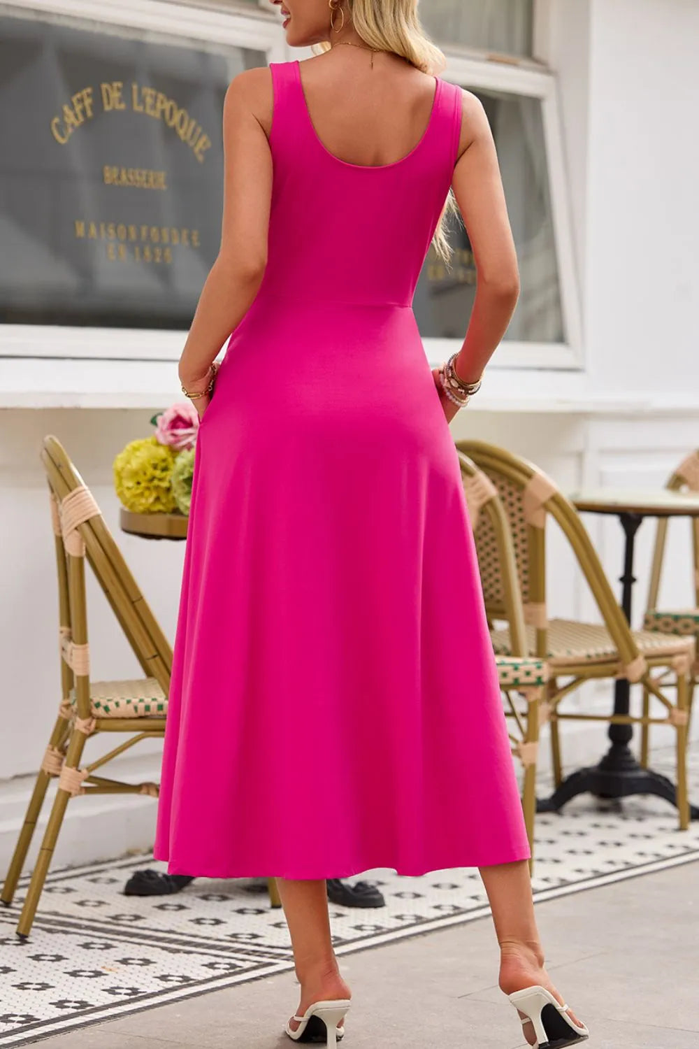 Side Slit Scoop Neck Wide Strap Dress OutfitFlow