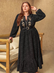 Plus Size Embroidered Polka Dot Notched Long Sleeve Dress