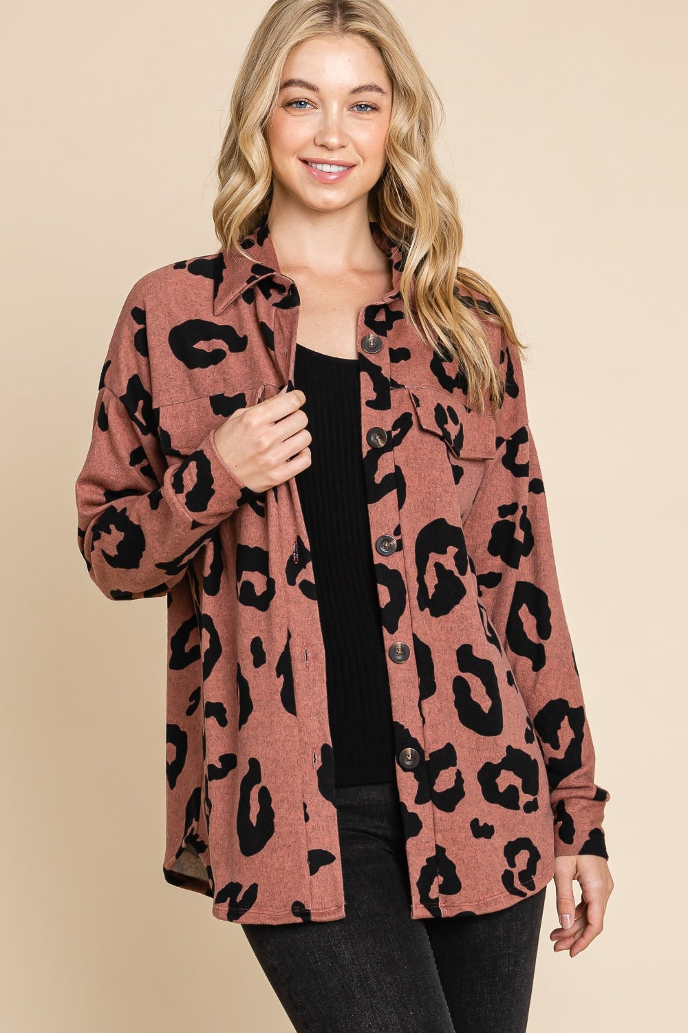 BOMBOM Animal Print Button Up Knit Jacket