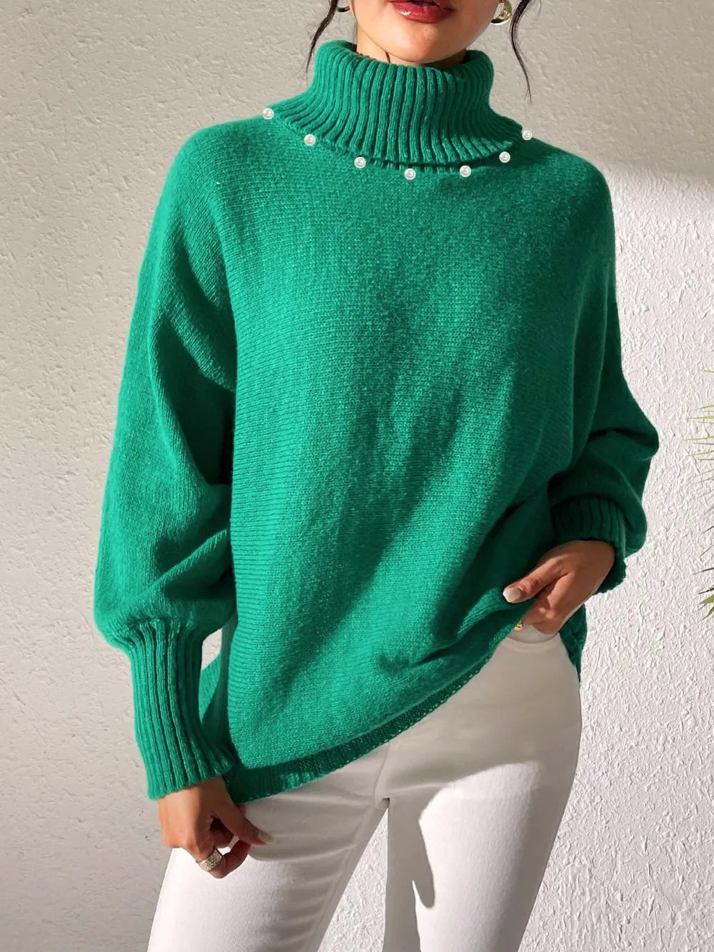 Turtleneck Long Sleeve Sweater Green OutfitFlow