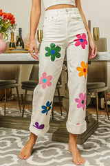 BiBi Flower Print Straight Legs Pants OFF WHITE OutfitFlow