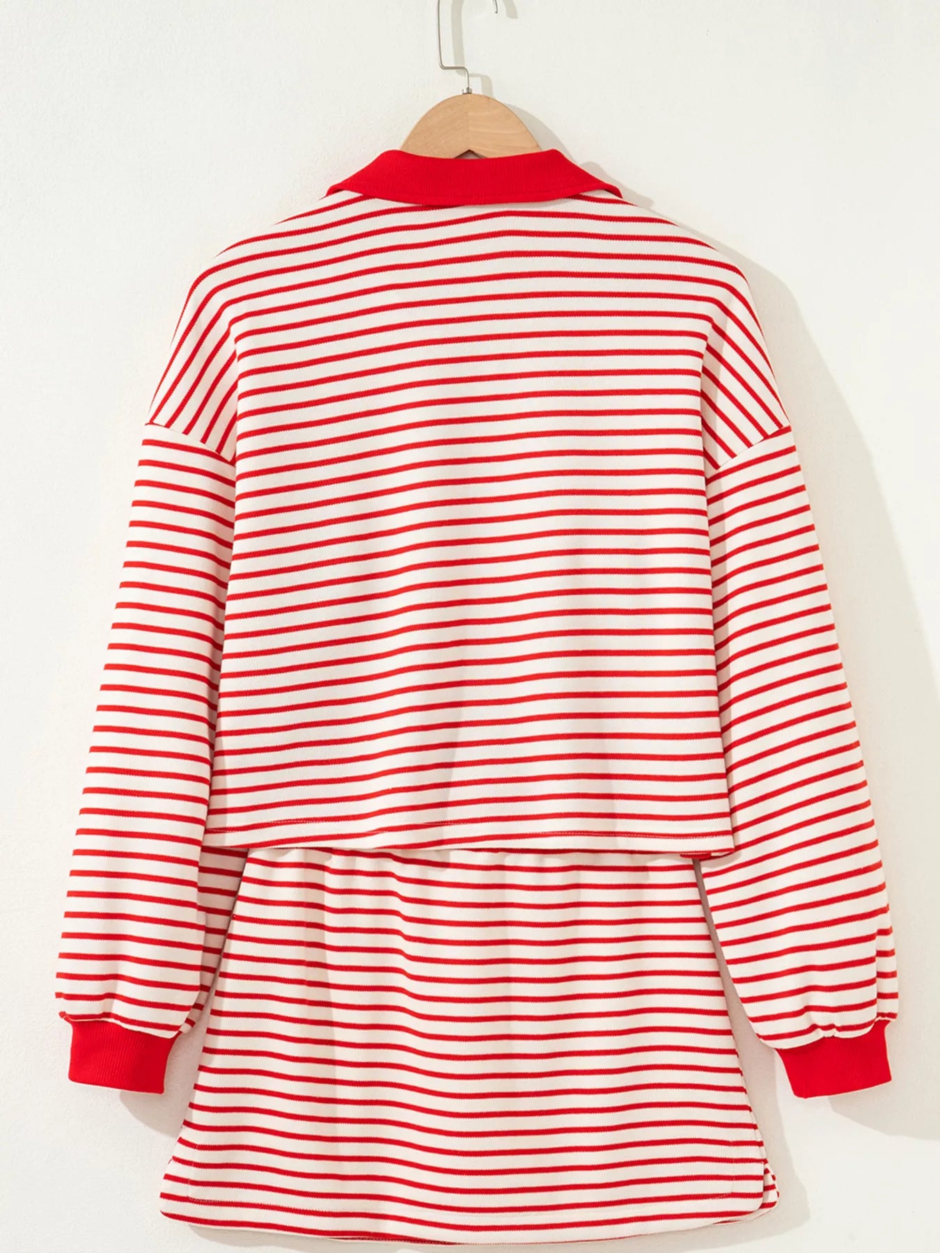 Stripe Collared V Neck Drop Shoulder Pullover and Skort 2pcs Outfit Trendsi