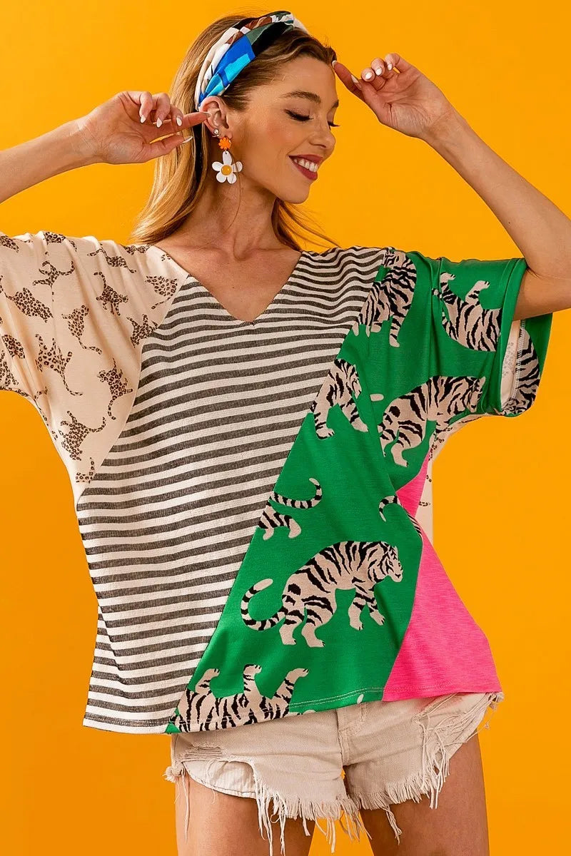 BiBi Tiger W Stripe Contrast Color Block V Neck Top OutfitFlow