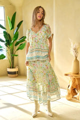 Davi & Dani Spring Floral Border Print Ruffled Textured Top OutfitFlow