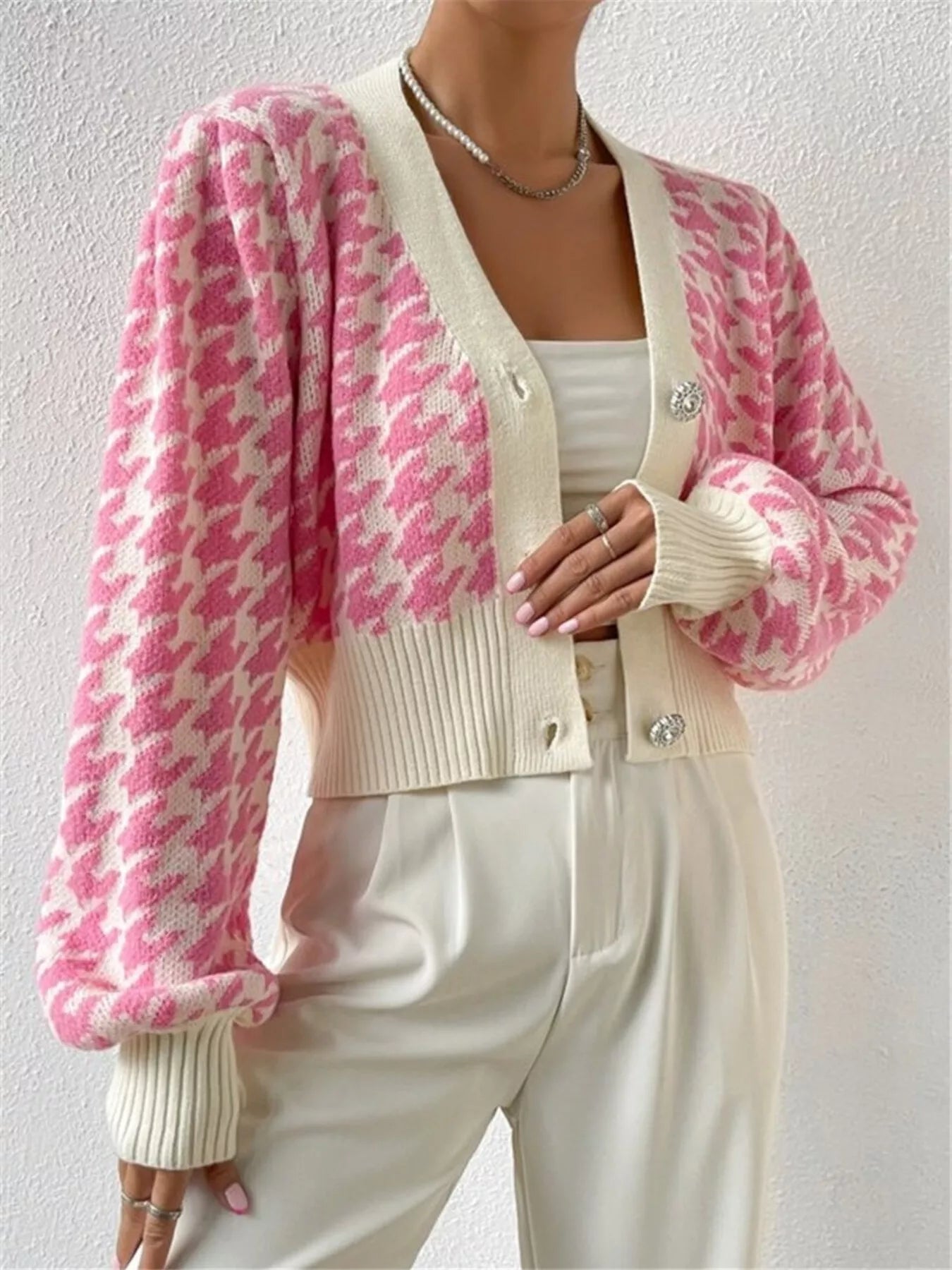 Houndstooth V-Neck Button Up Cardigan OutfitFlow