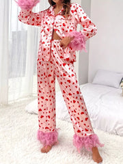 Heart Print Button Up Top and Pants Lounge Set OutfitFlow