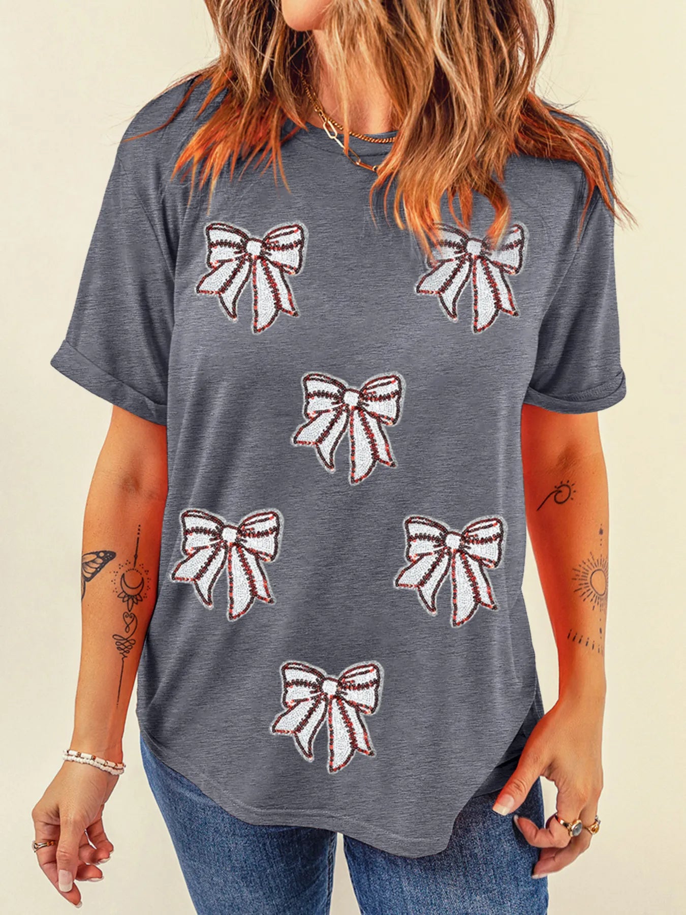 Sequin Bow Short Sleeve Tee OutfitFlow