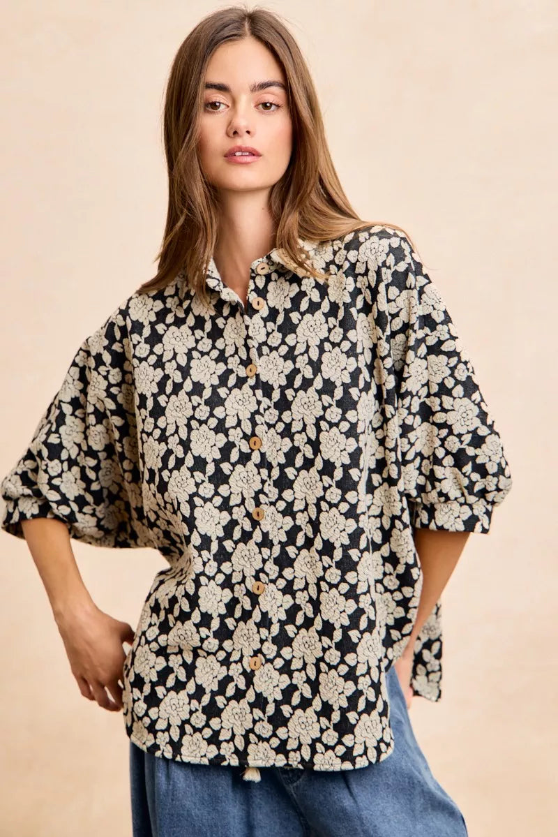 BiBi Floral Jacquard Short Dolman Sleeves Shirt OutfitFlow