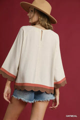 Umgee Scalloped Hem Color Block Top OutfitFlow