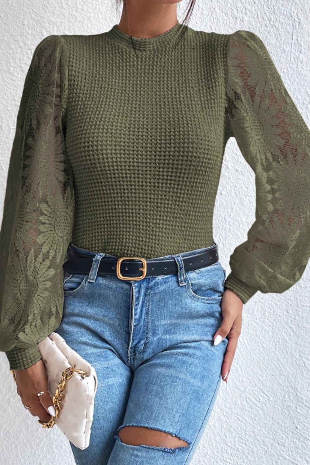 Mock Neck Lace Long Sleeve Top Army Green OutfitFlow