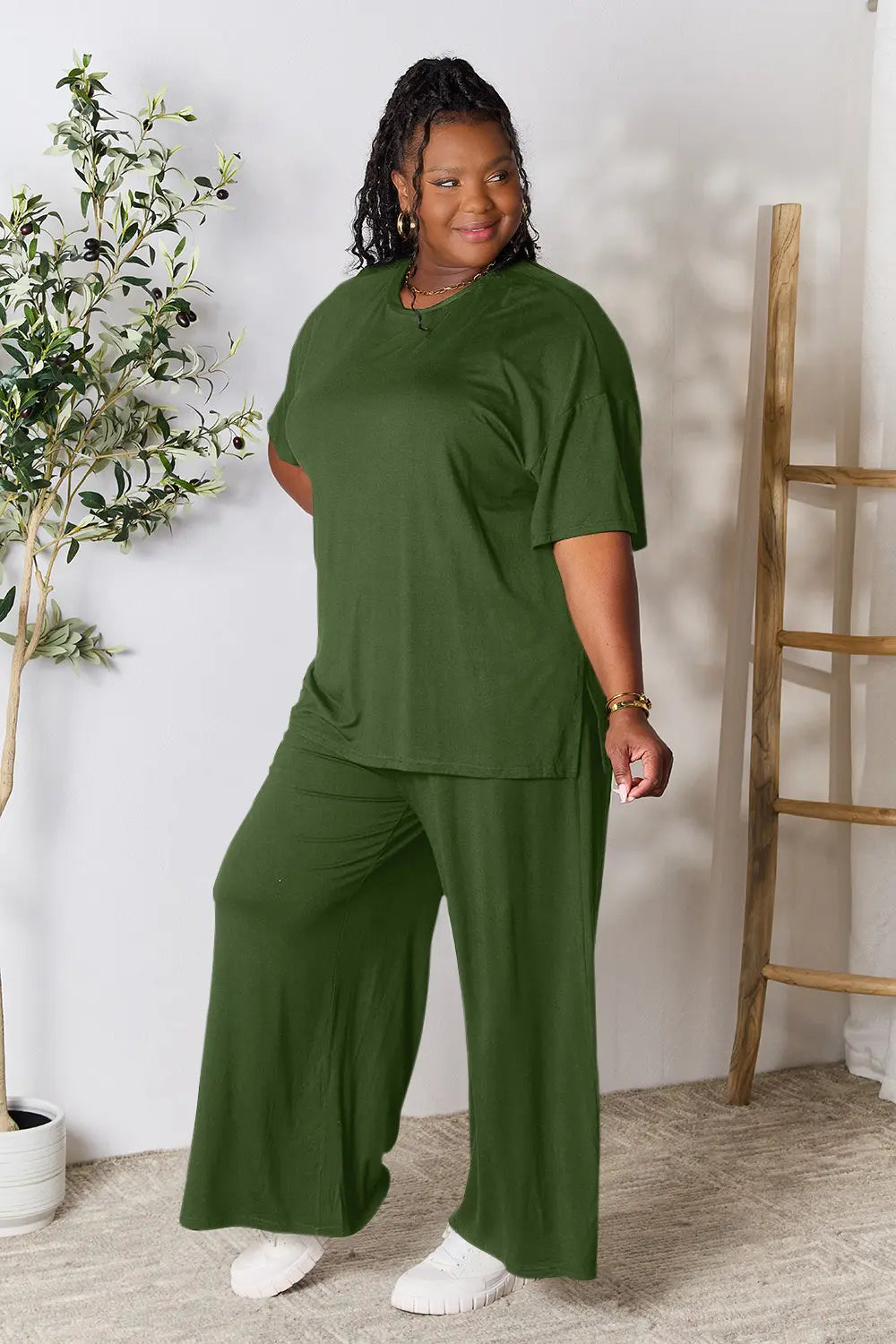 Double Take Full Size Round Neck Slit Top and Pants Set OutfitFlow