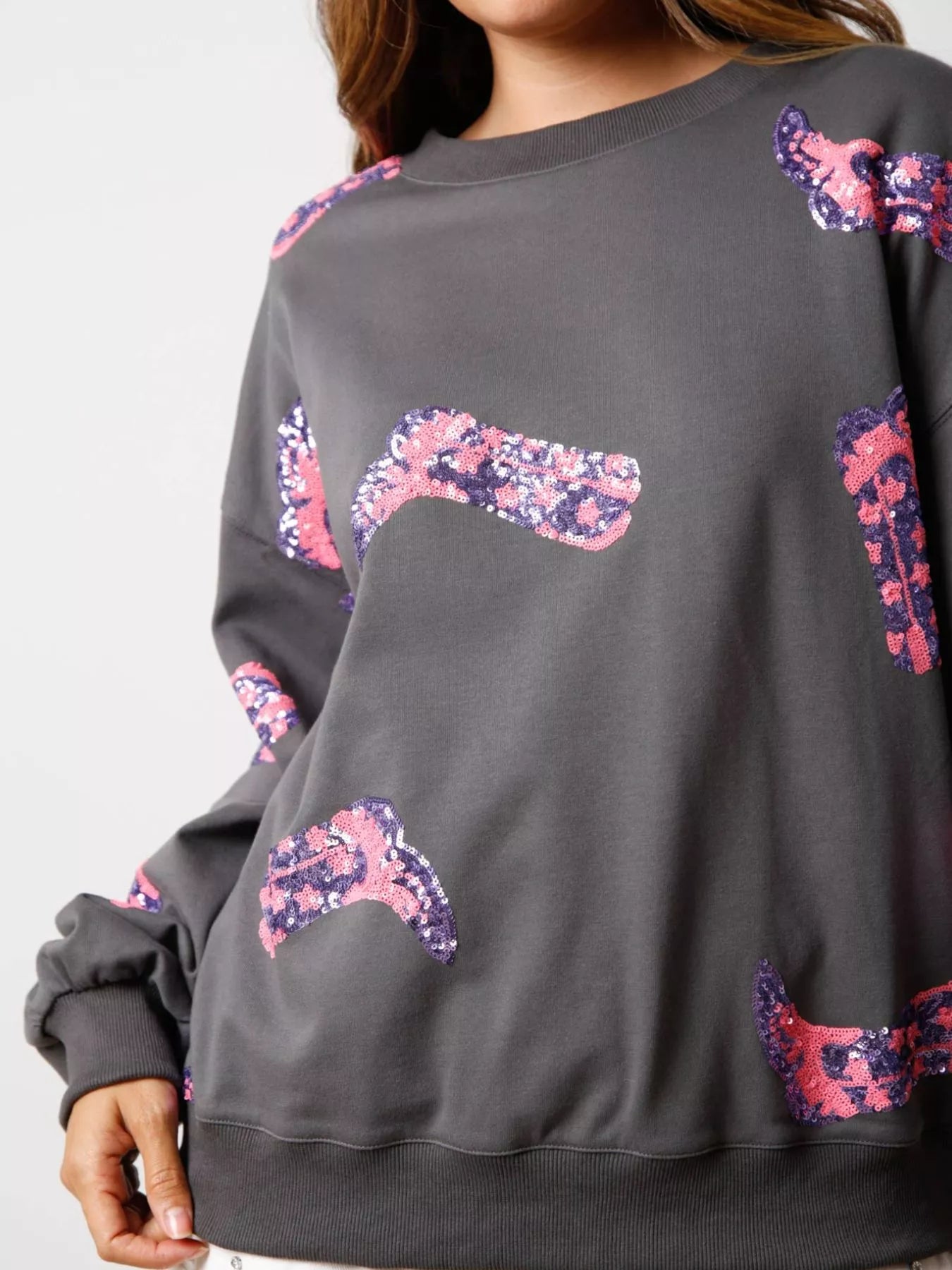 Sequin Boot Crewneck Sweatshirt OutfitFlow