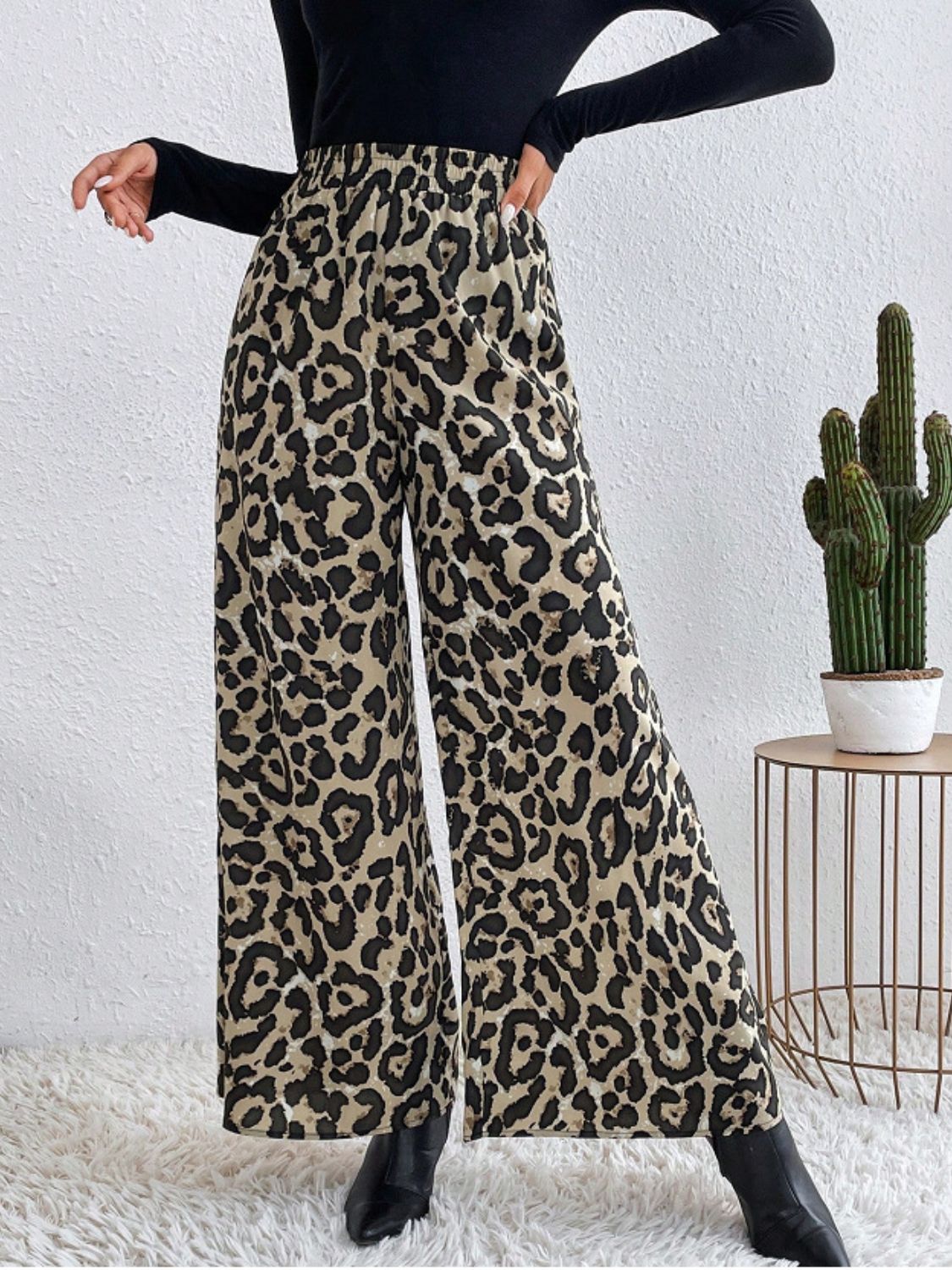 Printed Elastic Waist Wide Leg Pants Khaki OutfitFlow