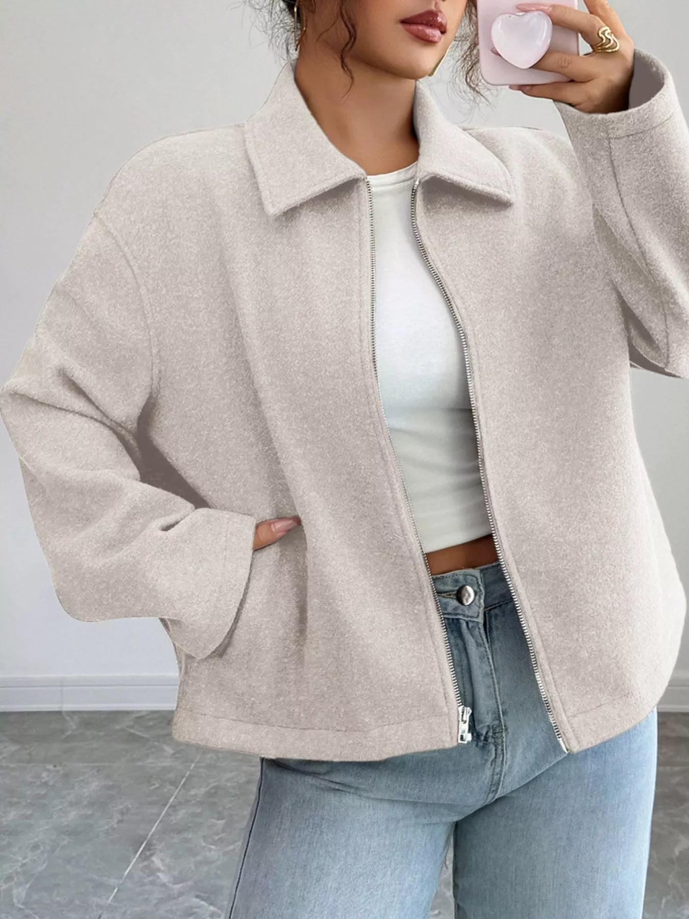 Casual Zip-Up Long Sleeve Jacket Apricot Trendsi