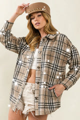 BiBi Allover Clear Sequins Vintage Plaid Jacket LATTE MULTI OutfitFlow