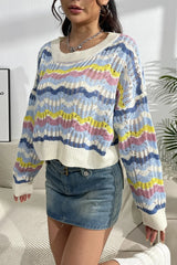 Striped Openwork Dropped Shoulder Sweater OutfitFlow
