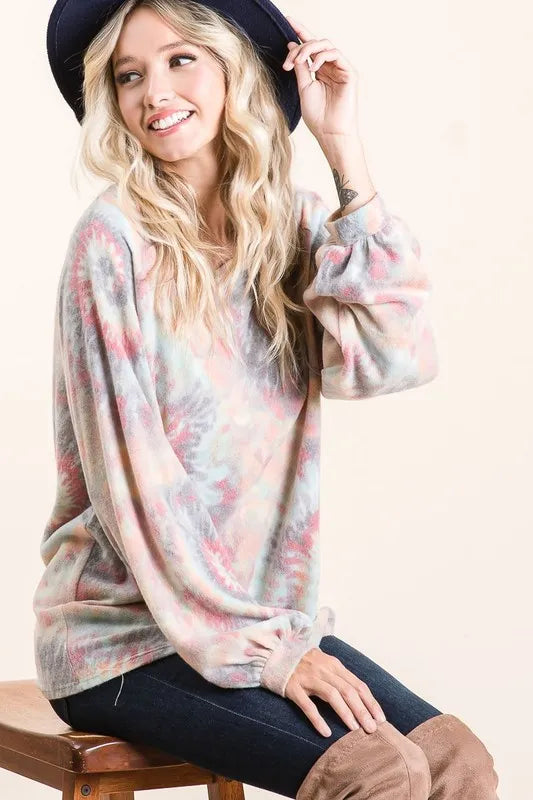 BiBi Brushed Tie Dye Print Top with Puff Sleeves OutfitFlow