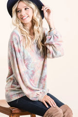 BiBi Brushed Tie Dye Print Top with Puff Sleeves OutfitFlow