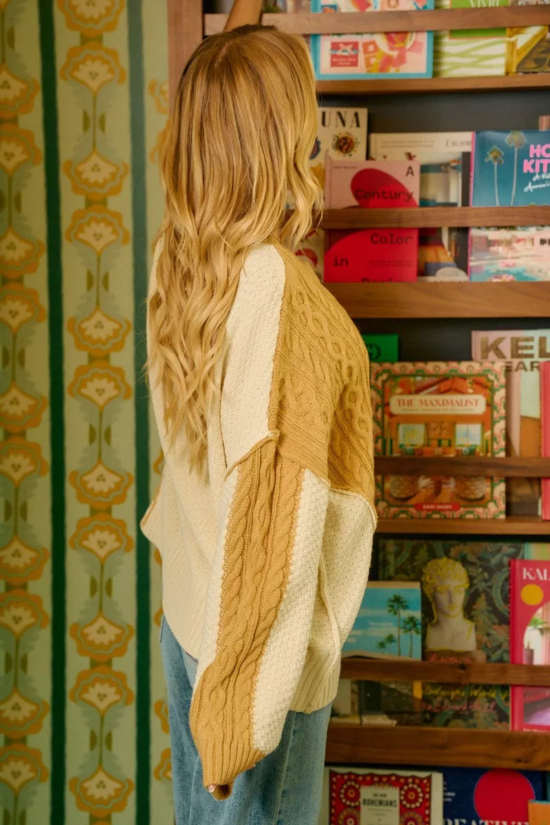 BiBi Cable Knit With Hacci Combo Sweater With Uneven Hem Detail Trendsi