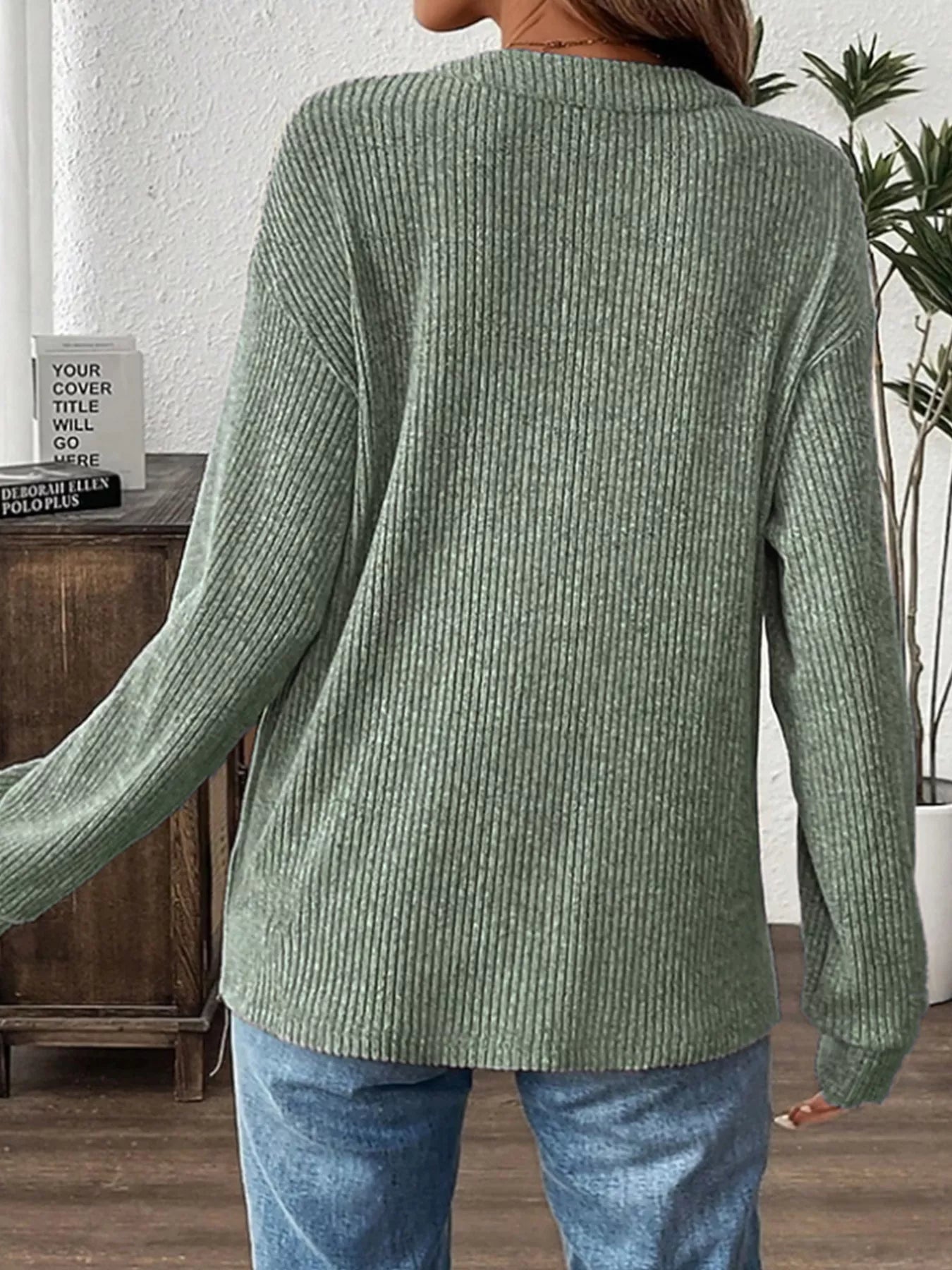 Ribbed Button Detail Long Sleeve T-Shirt OutfitFlow
