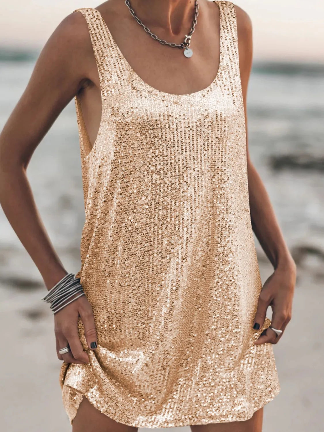 Sequin Scoop Neck Mini Dress Gold OutfitFlow