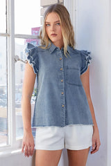 Mittoshop Washed Denim Ruffle Short Sleeve Collared Shirt OutfitFlow