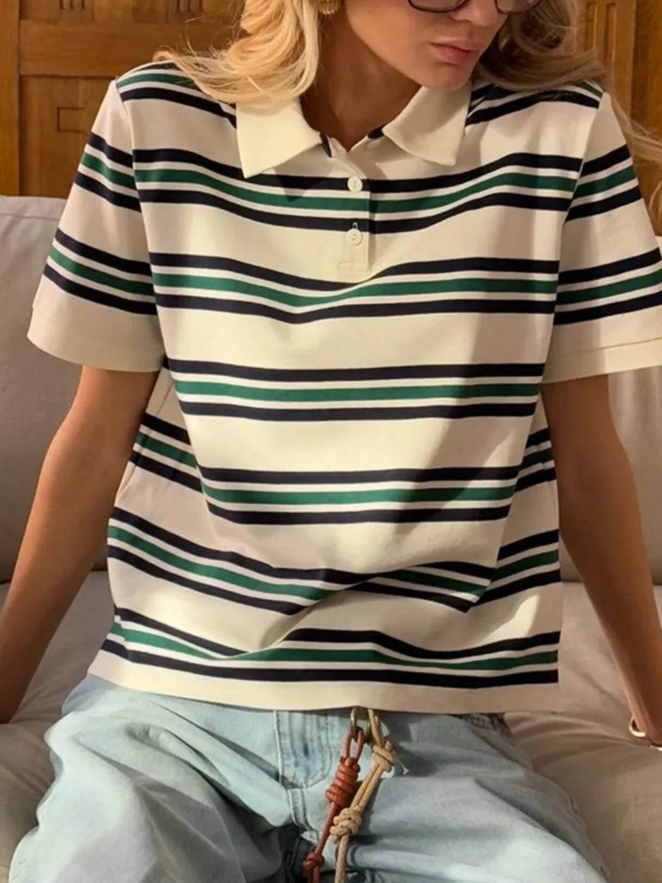 Striped Polo T-Shirt with Contrast Collar OutfitFlow
